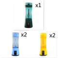 A sleek translucent teal and dark green blue portable electric usb rechargeable mixer with built-in handle for easy carrying