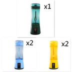 A sleek translucent teal and dark green blue portable electric usb rechargeable mixer with built-in handle for easy carrying