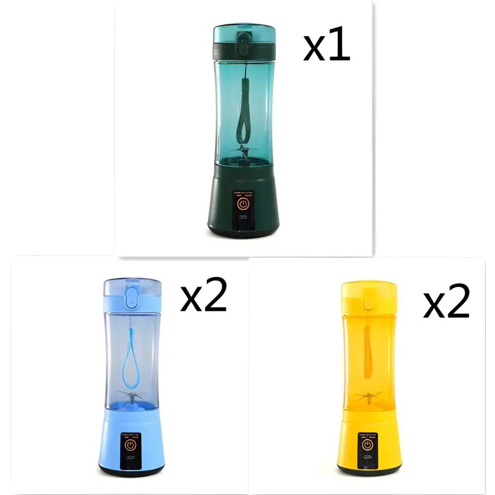 A sleek translucent teal and dark green blue portable electric usb rechargeable mixer with built-in handle for easy carrying