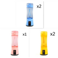 Blue pink and yellow portable electric fruit juicer usb rechargeable mixer with transparent bodies and matching bases