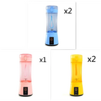 Blue pink and yellow portable electric fruit juicer usb rechargeable mixer with transparent bodies and matching bases
