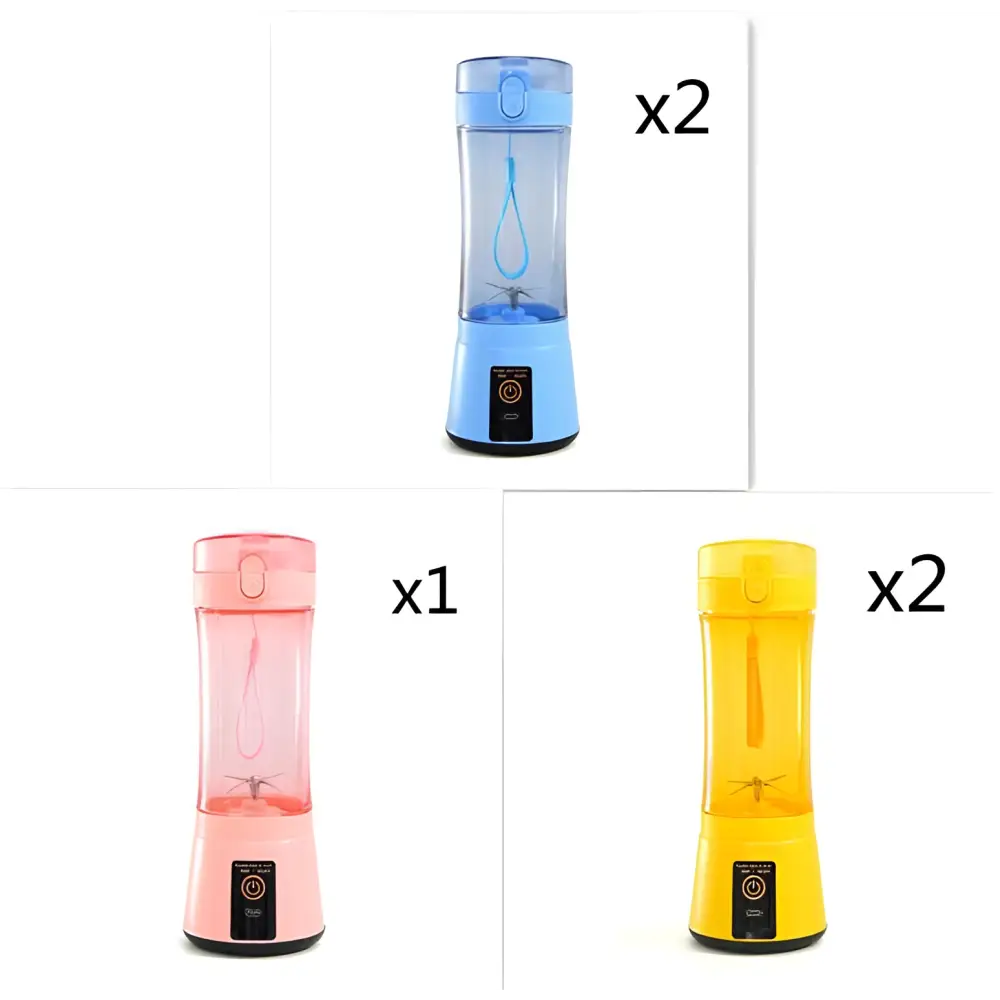 Blue pink and yellow portable electric fruit juicer usb rechargeable mixer with transparent bodies and matching bases