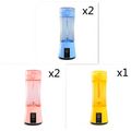 Blue pink and yellow portable electric fruit juicer usb rechargeable mixer bottles with transparent bodies and colored bases