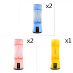 Blue pink and yellow portable electric fruit juicer usb rechargeable mixer bottles with transparent bodies and colored bases