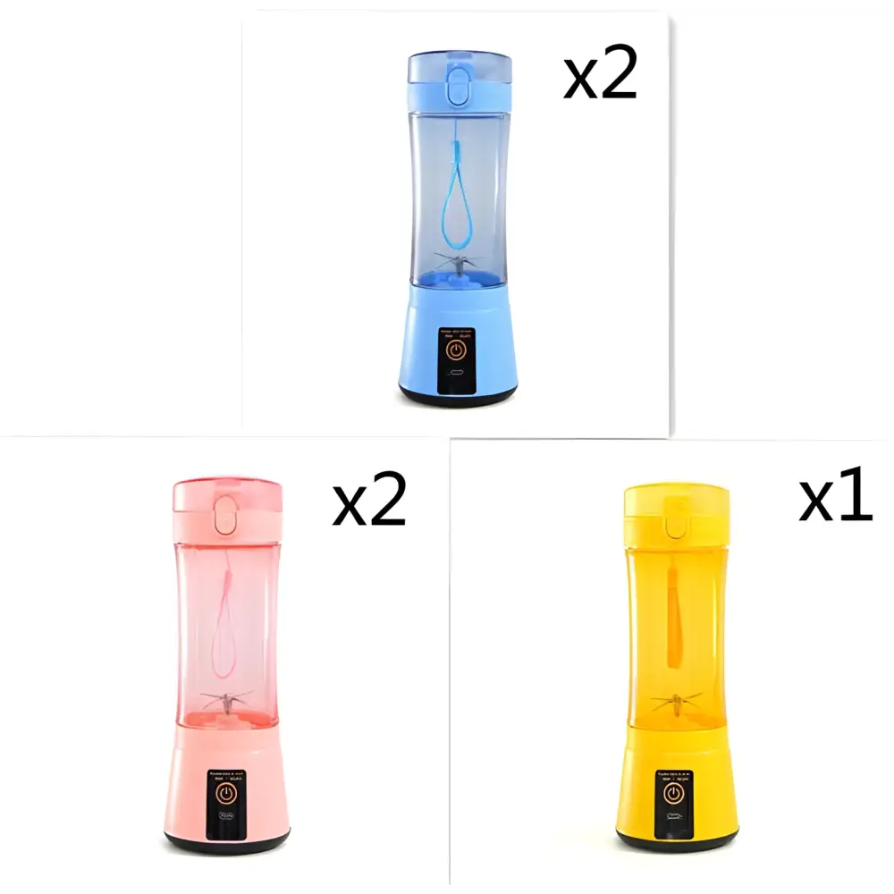 Blue pink and yellow portable electric fruit juicer usb rechargeable mixer bottles with transparent bodies and colored bases