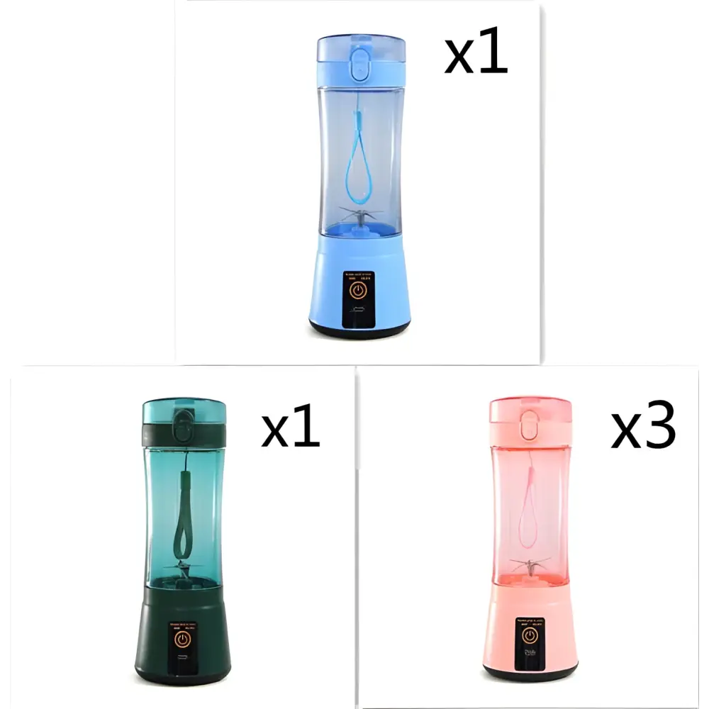 Blue portable electric fruit juicer usb rechargeable mixer with transparent plastic body handle and power button on base