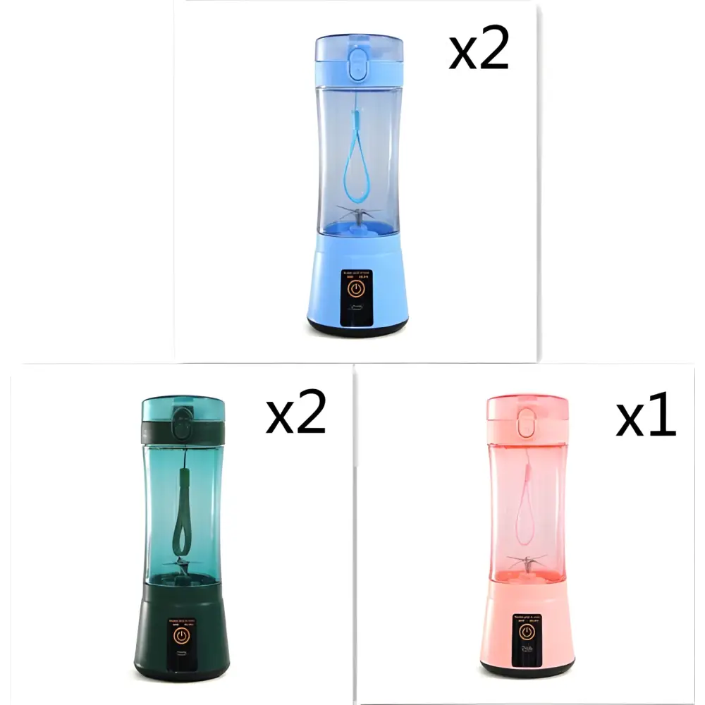 Blue portable electric fruit juicer with transparent blending bottle handle and usb rechargeable mixer power button