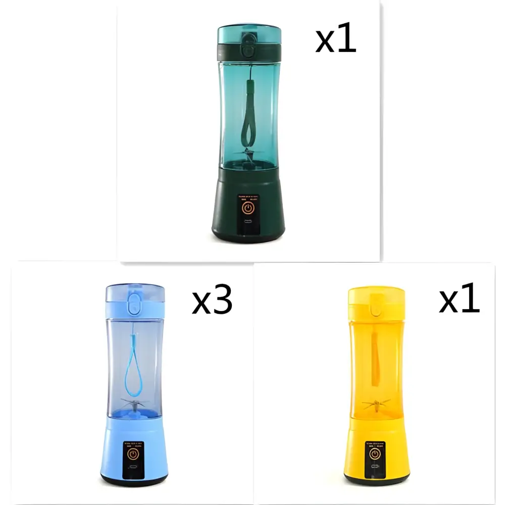 Blue portable electric fruit juicer usb rechargeable mixer with teal and black body clear container and handle loop