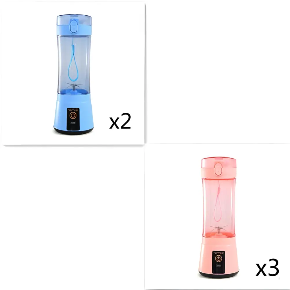 Blue and pink portable electric fruit juicer usb rechargeable mixer bottles with transparent bodies and black bases