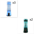 Light blue and teal blue portable electric fruit juicer with clear body black base and usb rechargeable mixer function