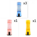 Blue pink and yellow portable electric fruit juicer usb rechargeable mixer bottles with transparent bodies and matching lids