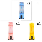 Blue pink and yellow portable electric fruit juicer usb rechargeable mixer bottles with transparent bodies and matching lids