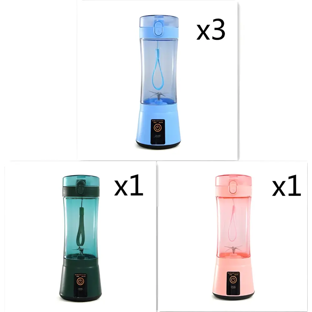 Blue portable electric fruit juicer usb rechargeable mixer made of transparent plastic with matching blue lid and black base