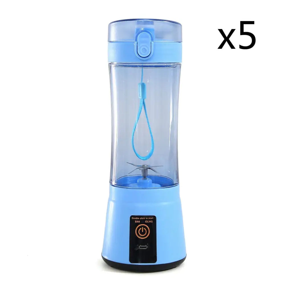 Blue portable electric fruit juicer with usb rechargeable mixer features a light blue transparent body and handle lid