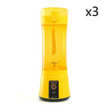 Bright yellow electric fruit juicer with transparent body and black base usb rechargeable mixer for portable use