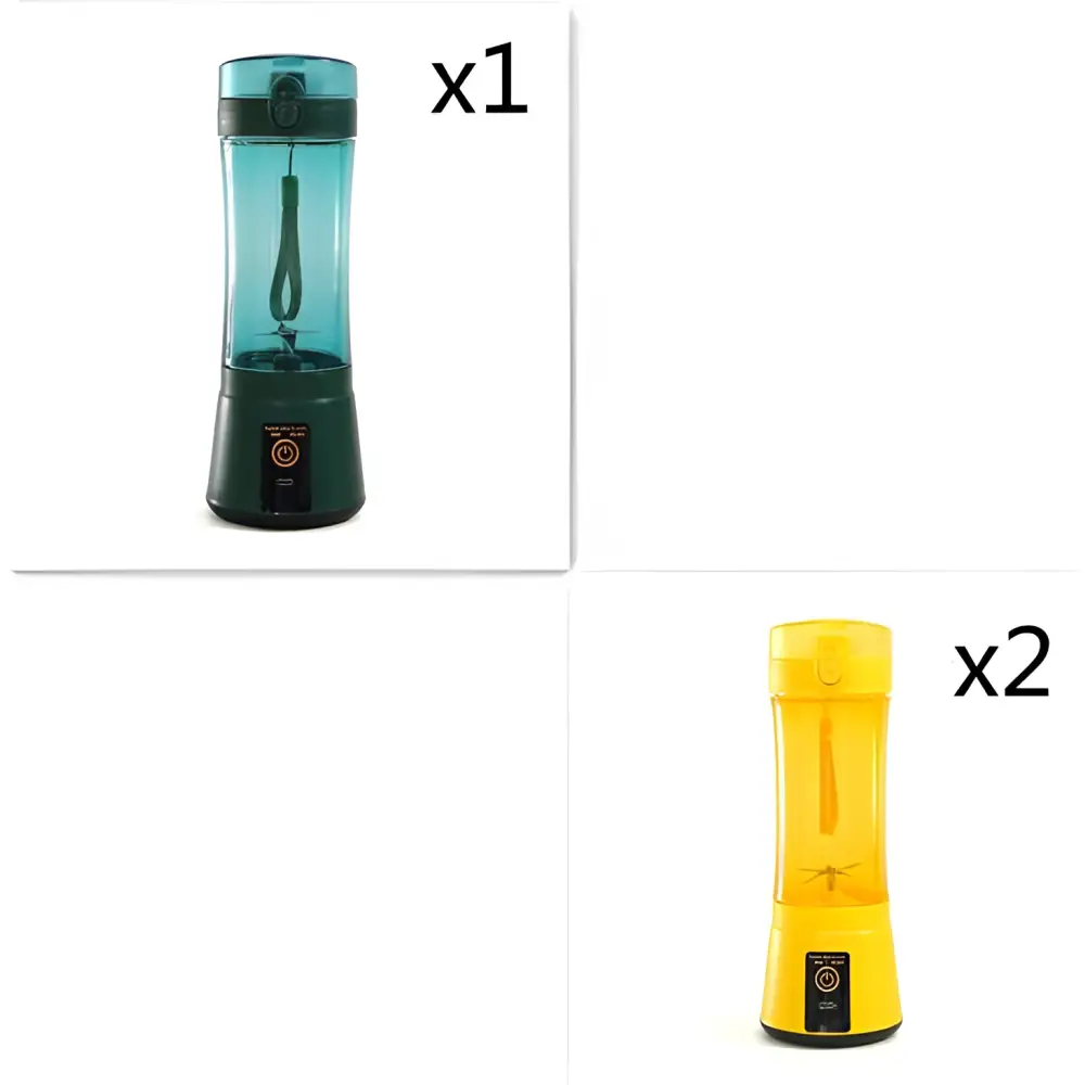 Blue portable electric fruit juicer featuring a teal and black usb rechargeable mixer with built-in handle and power button