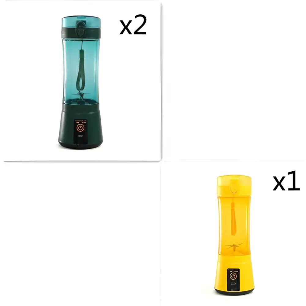 Teal and black electric fruit juicer with transparent body and dark green base usb rechargeable mixer with handle