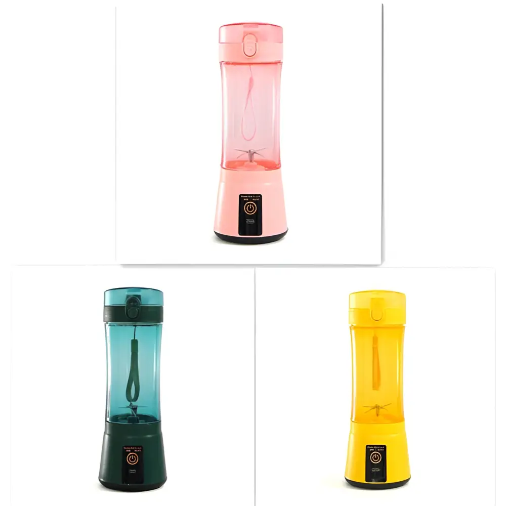 Pink and transparent plastic portable electric fruit juicer with black power button usb rechargeable mixer base