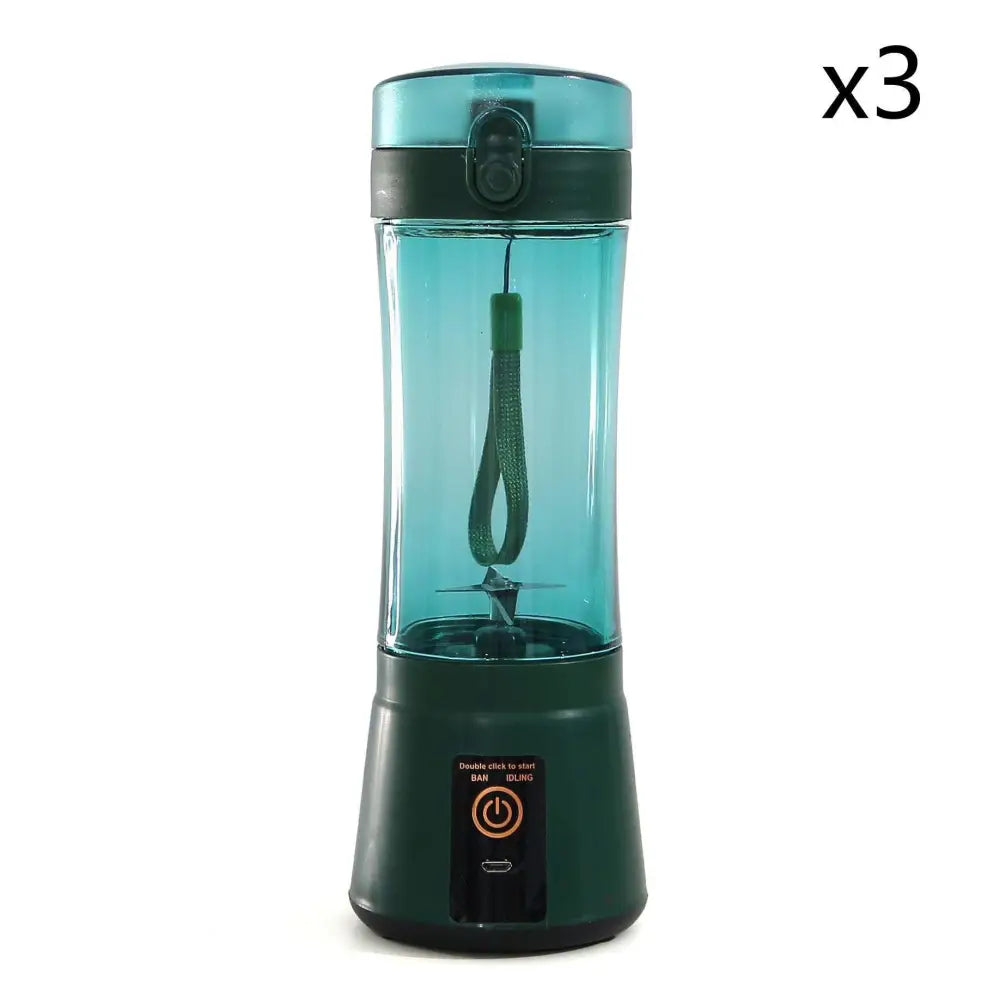 Teal and dark green blue portable electric fruit juicer usb rechargeable mixer with clear body black lid and handle