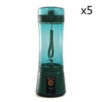 Teal and dark green blue portable electric fruit juicer with usb rechargeable mixer and clear body and orange power button
