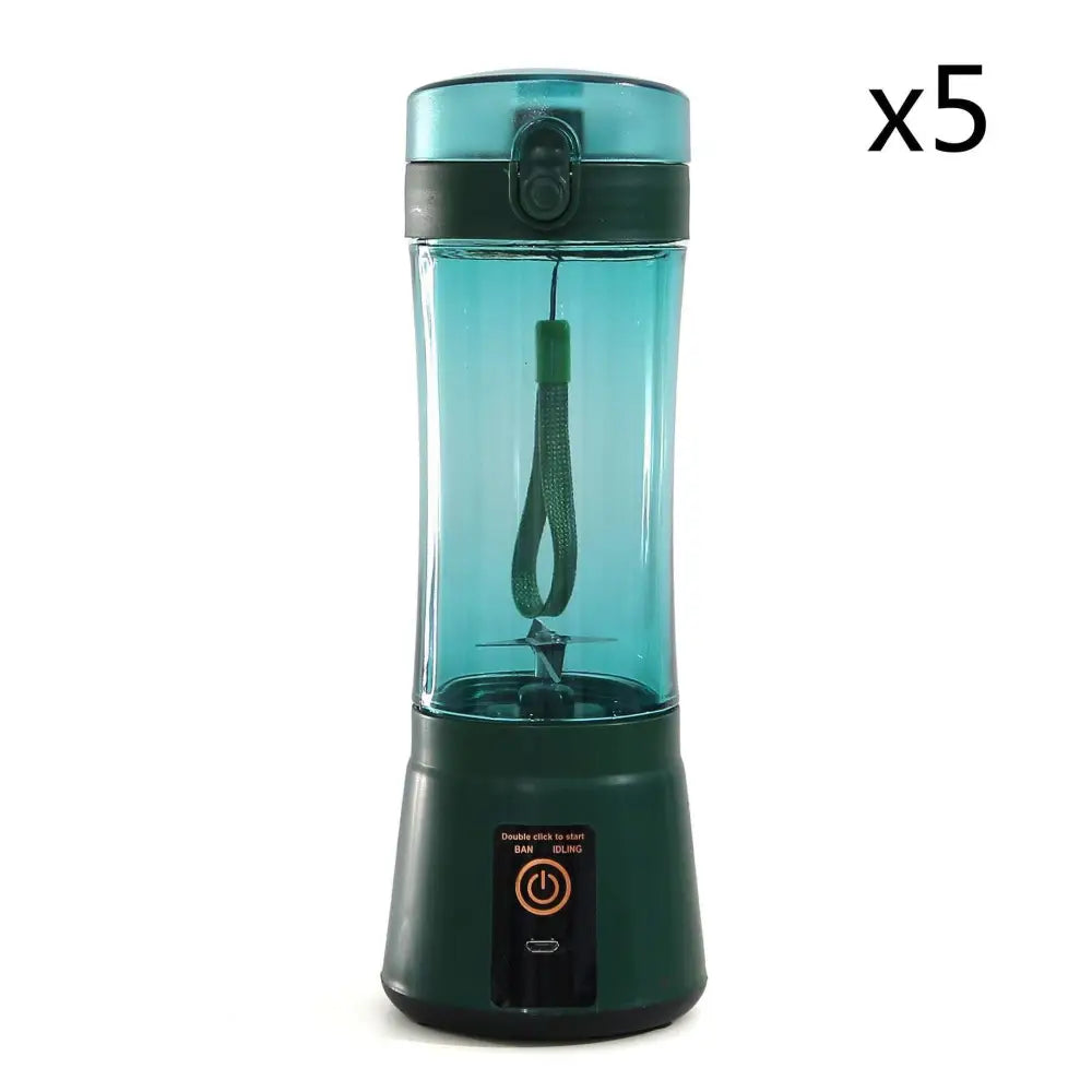 Teal and dark green blue portable electric fruit juicer with usb rechargeable mixer and clear body and orange power button