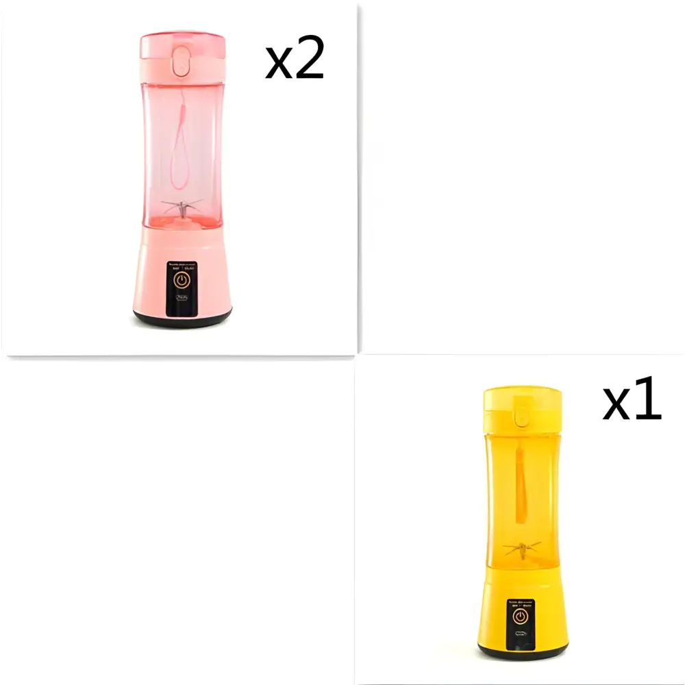 Pink and yellow portable blender with cylindrical design and black control panel as a usb rechargeable electric fruit juicer