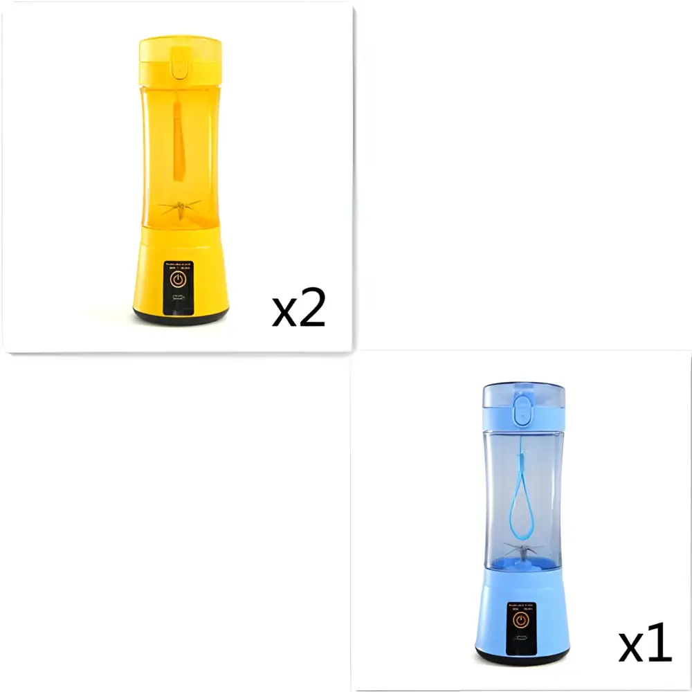 Blue and yellow portable electric fruit juicer with transparent body, black base, usb rechargeable mixer with handle lid