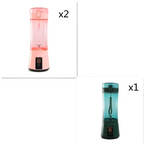 Blue portable electric usb rechargeable mixer with pink and teal cylindrical design and transparent blending cup