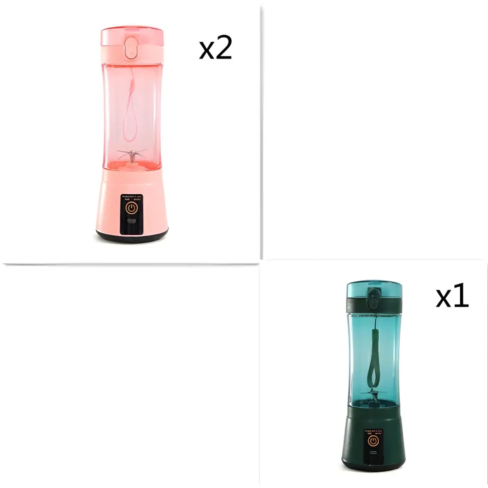 Blue portable electric usb rechargeable mixer with pink and teal cylindrical design and transparent blending cup