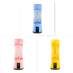 Blue pink and yellow portable electric fruit juicer usb rechargeable mixer bottles with transparent bodies and matching lids