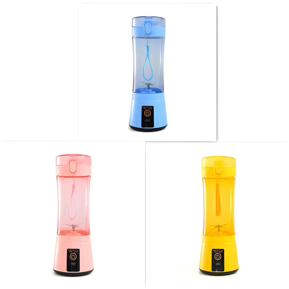 Blue pink and yellow portable electric fruit juicer usb rechargeable mixer bottles with transparent bodies and matching lids