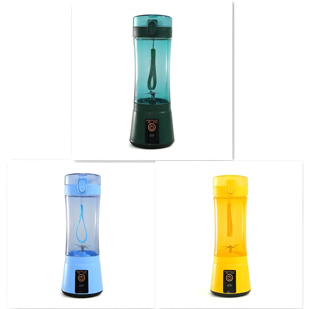 A sleek teal and dark green usb rechargeable mixer electric fruit juicer with a black power button on its base