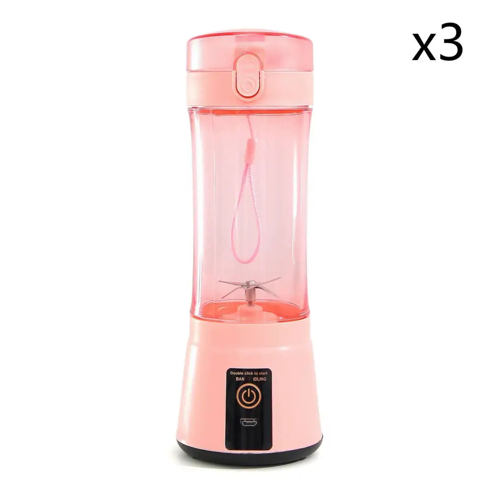 Pink portable electric fruit juicer with transparent body and usb rechargeable mixer base and matching lid