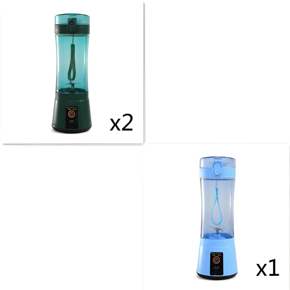 Teal and black blue portable electric usb rechargeable mixer with clear cylindrical body and integrated handle lid