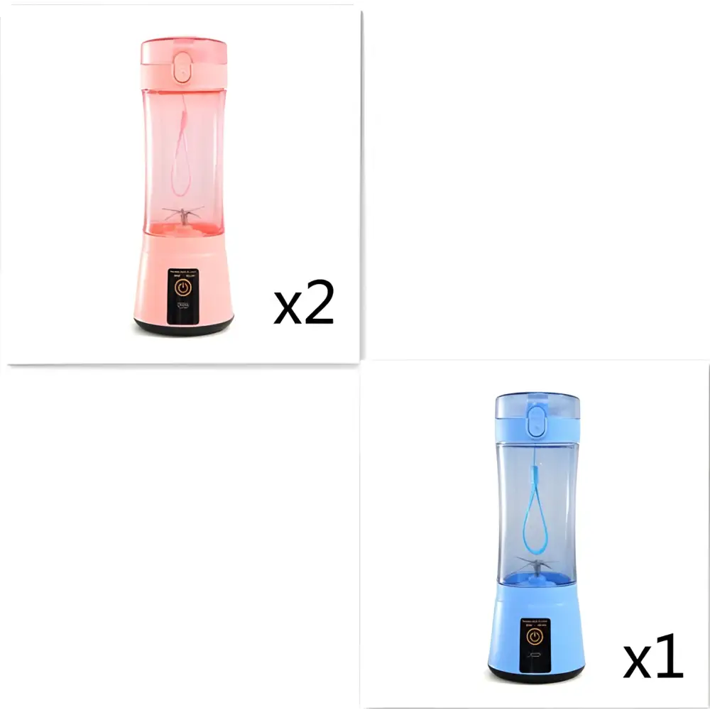 Blue portable electric usb rechargeable mixer with clear cylindrical body black base and integrated lid for fruit juicing