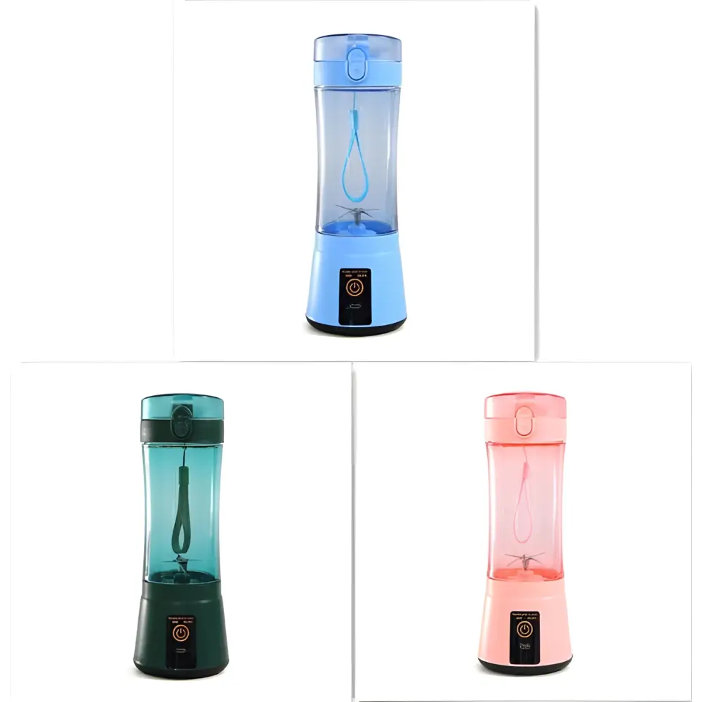 Blue portable electric fruit juicer usb rechargeable mixer with translucent bottle, matching lid, and integrated power button