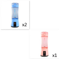 Blue and pink electric fruit juicer with transparent body, black base, handle, usb rechargeable mixer for portable use