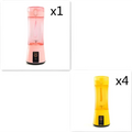 Pink and yellow usb rechargeable electric fruit juicer with clear body and black base for portable use