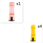 Pink and yellow usb rechargeable electric fruit juicer with clear body and black base for portable use