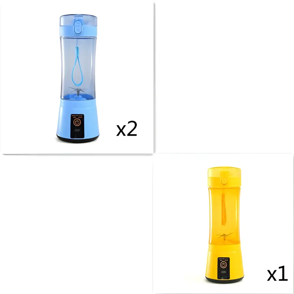 Blue portable electric fruit juicer usb rechargeable mixer with transparent body and integrated power button on base
