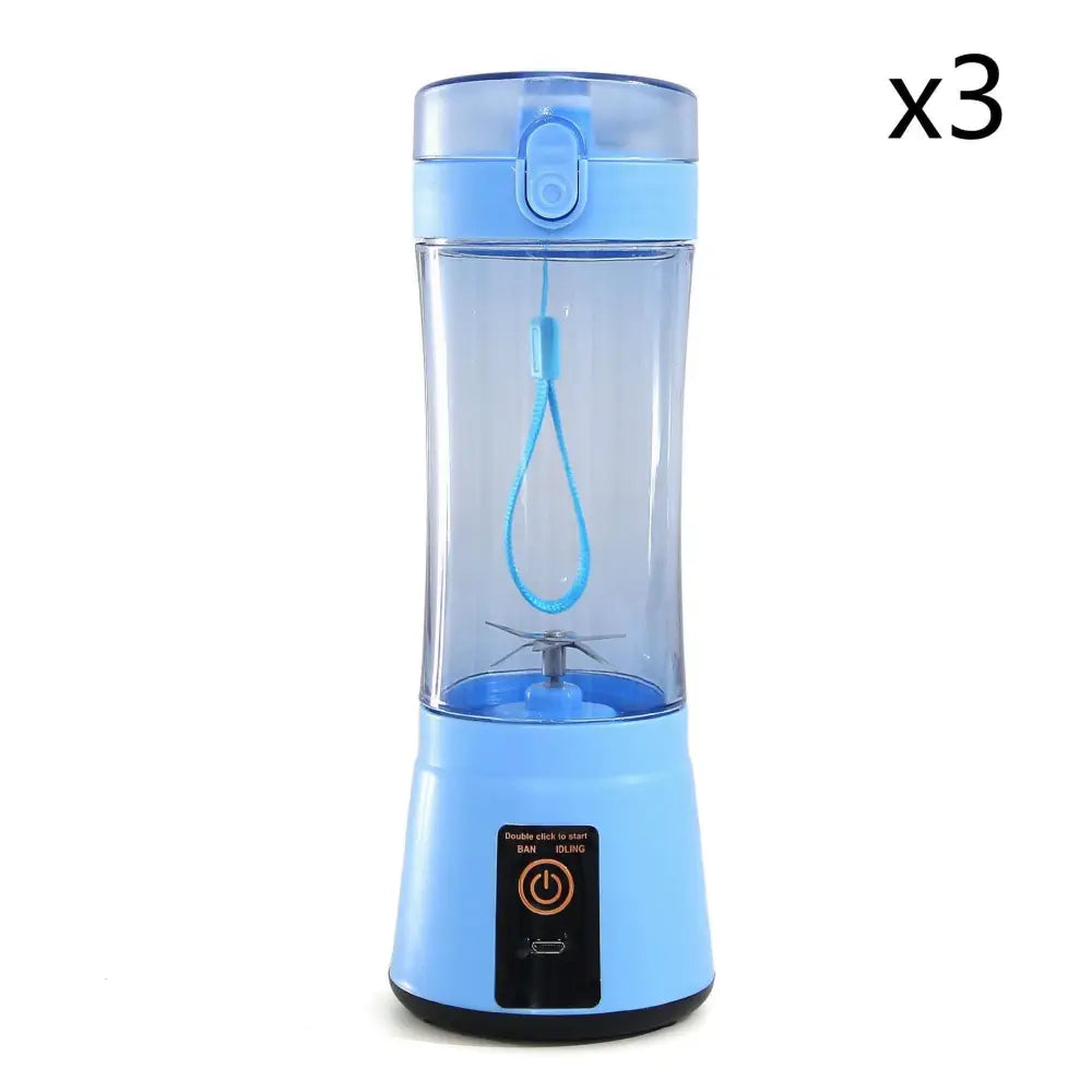 Light blue portable electric fruit juicer with transparent body and usb rechargeable mixer with matching lid