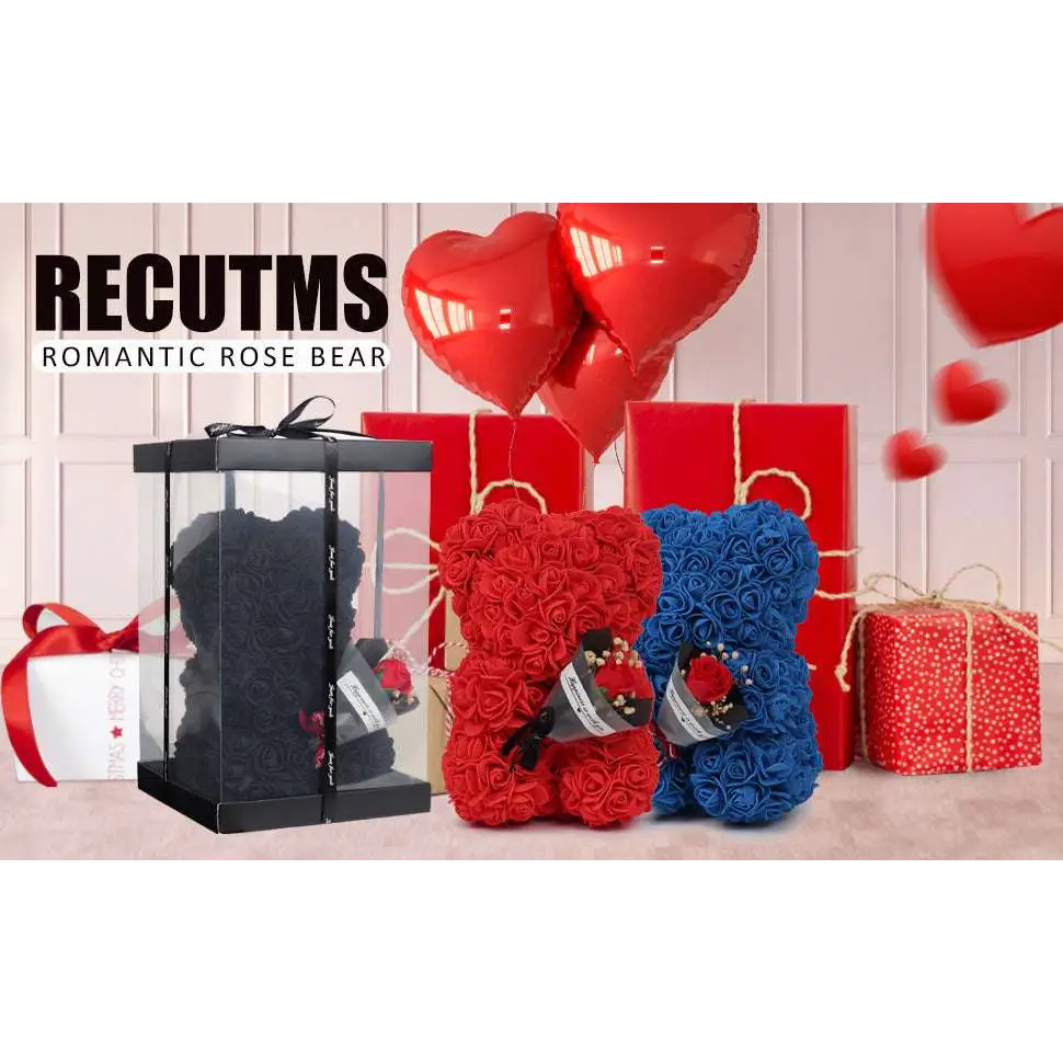 Red and blue rose bear teddy bears made of preserved rose flower with small floral bouquets on their chests