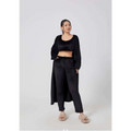 Black velvet crop top with long sleeves and flowing open-front cardigan in blue shimmer cozy pajama set with square neckline