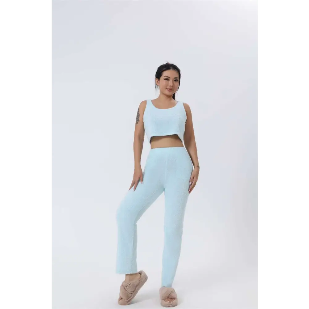 Light blue shimmer two-piece activewear set with square neckline made from soft stretchy fabric cozy pajama set alternative