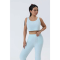 Light blue textured knit crop top and high-waisted leggings with square neckline cozy pajama set blue shimmer
