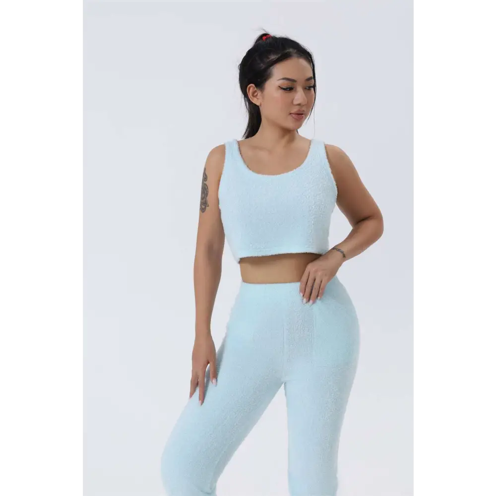 Light blue textured knit crop top and high-waisted leggings with square neckline cozy pajama set blue shimmer