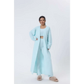 A soft pastel blue longline knit cardigan with relaxed fit and open front from the cozy pajama set blue shimmer