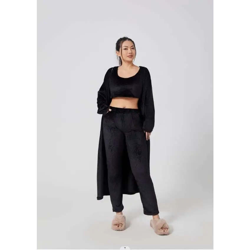 Black velvet crop top with square neckline and long sleeves paired with a flowing cardigan in blue shimmer cozy pajama set