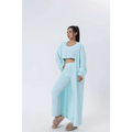 A light blue open-front cardigan with ribbed detailing and a relaxed fit from the blue shimmer cozy pajama set