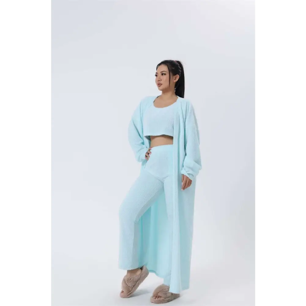 A light blue open-front cardigan with ribbed detailing and a relaxed fit from the blue shimmer cozy pajama set